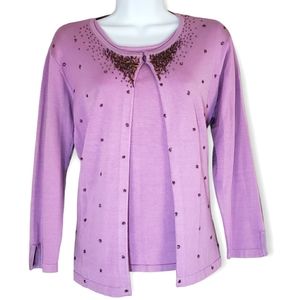 Putumayo lilac purple beaded silk shell & cardigan sweater set Womens Small